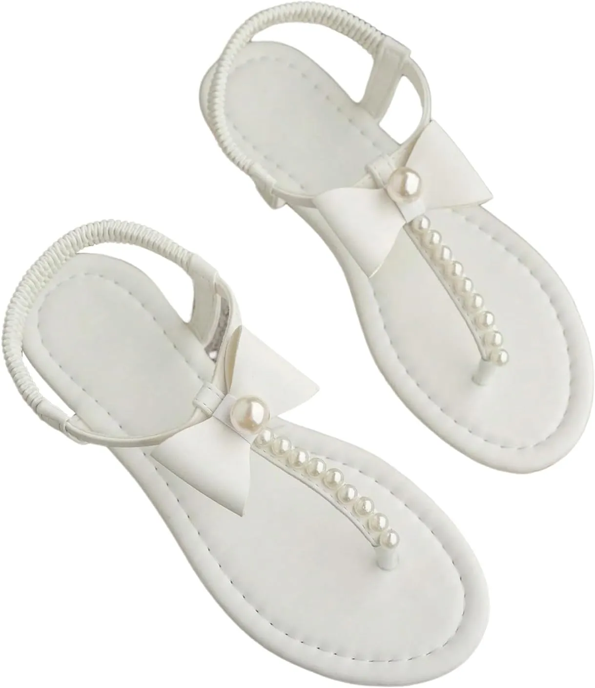 GORGLITTER Women's Bow Pearl T-Strap White Flat Sandals Summer Vacation Beach Bridal Wedding Shoes 2025