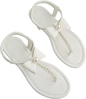 GORGLITTER Women's Bow Pearl T-Strap White Flat Sandals Summer Vacation Beach Bridal Wedding Shoes 2025