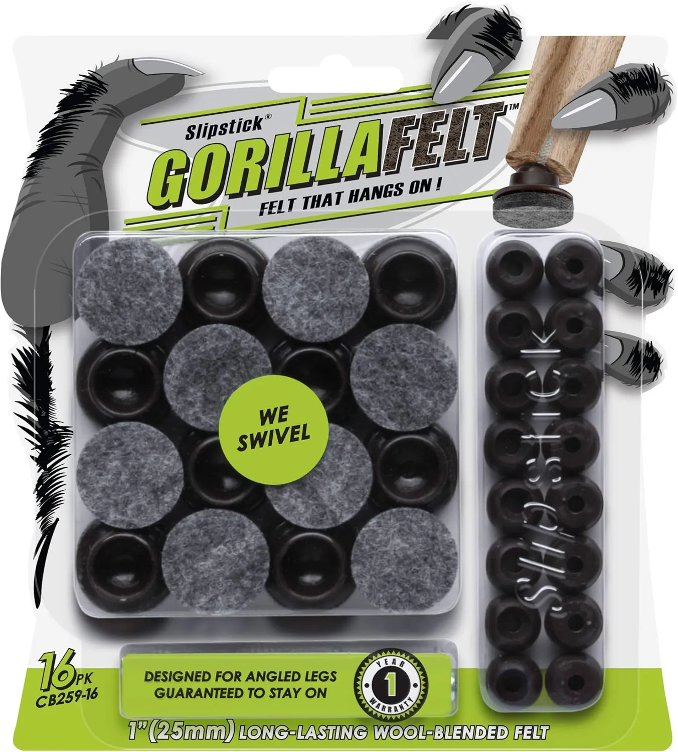 GorillaFelt Swivel Glide Felt Sliders for Chairs (16 Pack) Screw-On Chair Leveler Floor Protectors for Angled Furniture Legs or Straight, 1 Inch Round Felt Glides, CB259-16