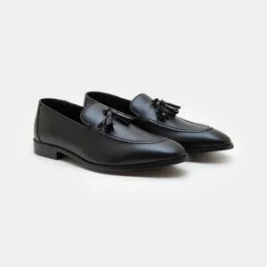 Handmade Black Leather Tassel Moccasins for Men