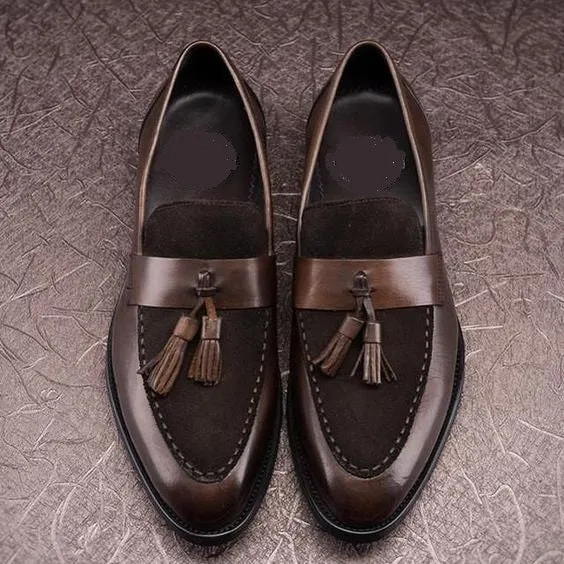 Handmade Brown Leather Tassels Moccasins Loafers for Men