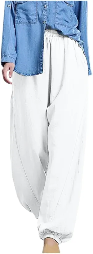 Harem Pants Women High Waisted Baggy Wide Leg Trousers Cotton Linen Palazzo Pants with Pockets Summer Outfits for Women