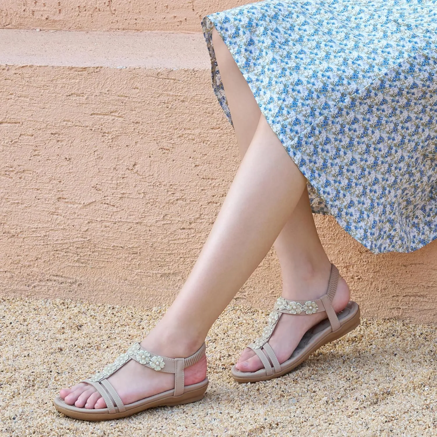 HARENCE Women's Summer Flat Sandals: Comfortable Bohemian Beaded Flats Shoes Elastic Ankle T-Strap Casual Slip on Beach Dress Sandals for Women