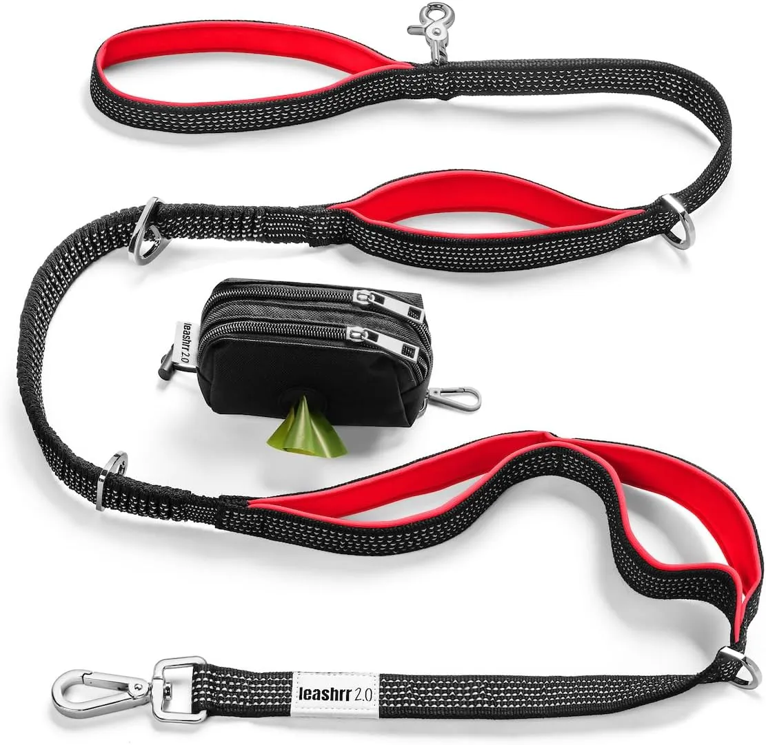 Heavy Duty Dog Leash for Large Dogs That Pull - Strong Bungee, 4 Padded Handles, 6ft, Poop Bag Holder with Treat Pouch, Highly Reflective, Multi Use Clips and Rings. by Leashrr 2.0 (Red)