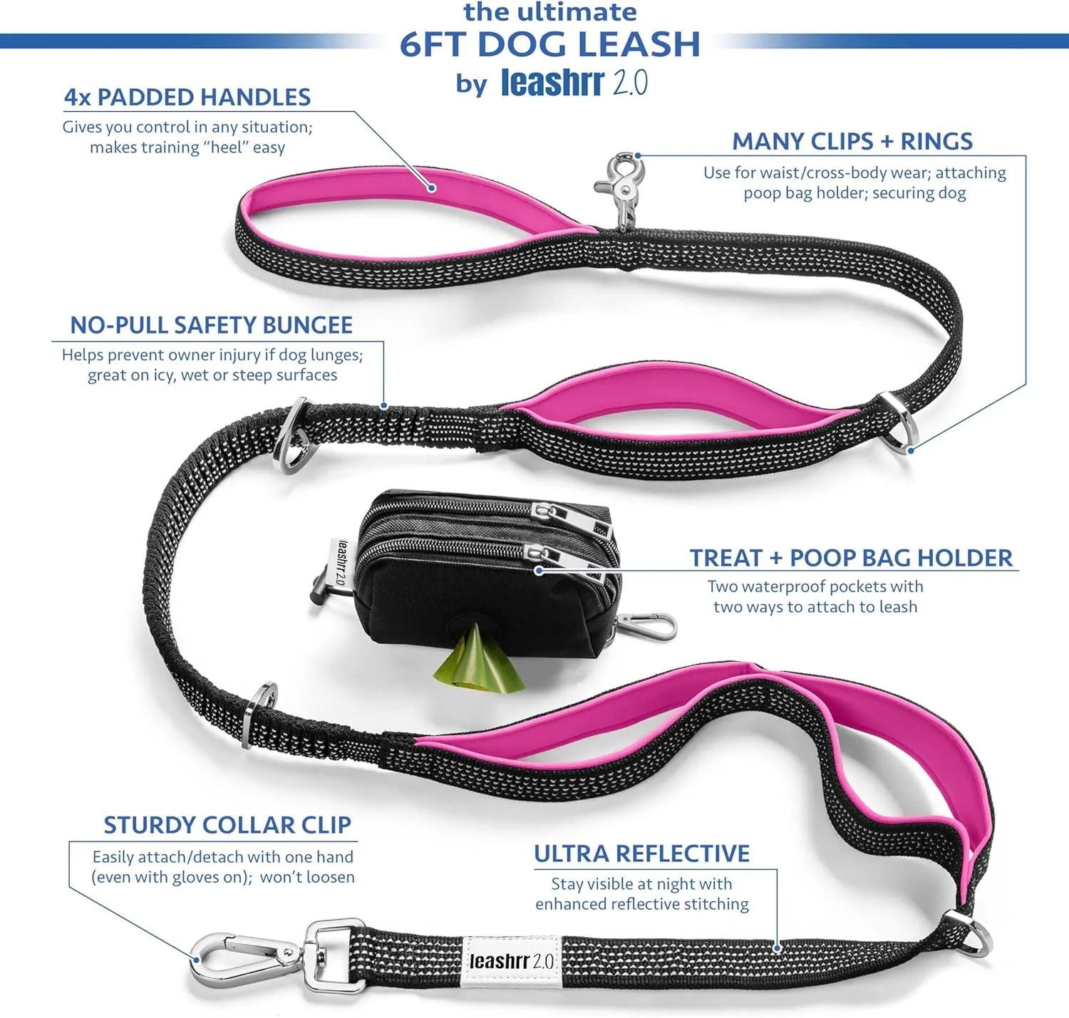Heavy Duty Dog Leash for Large Dogs That Pull - Strong Bungee, 4 Padded Handles, 6ft, Poop Bag Holder with Treat Pouch, Highly Reflective, Multi Use Clips and Rings. by Leashrr 2.0 (Red)