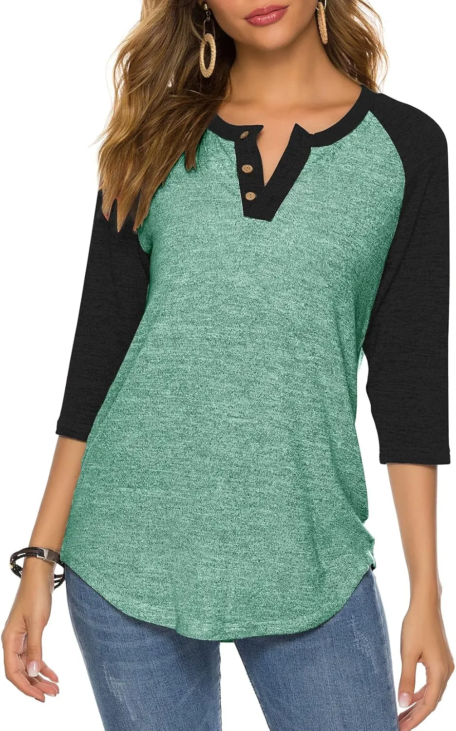 HOCOSIT Women's Raglan V Neck Summer Tops 3/4 Sleeve Ladies Button Henley Shirt Boyfriend Style Blouse
