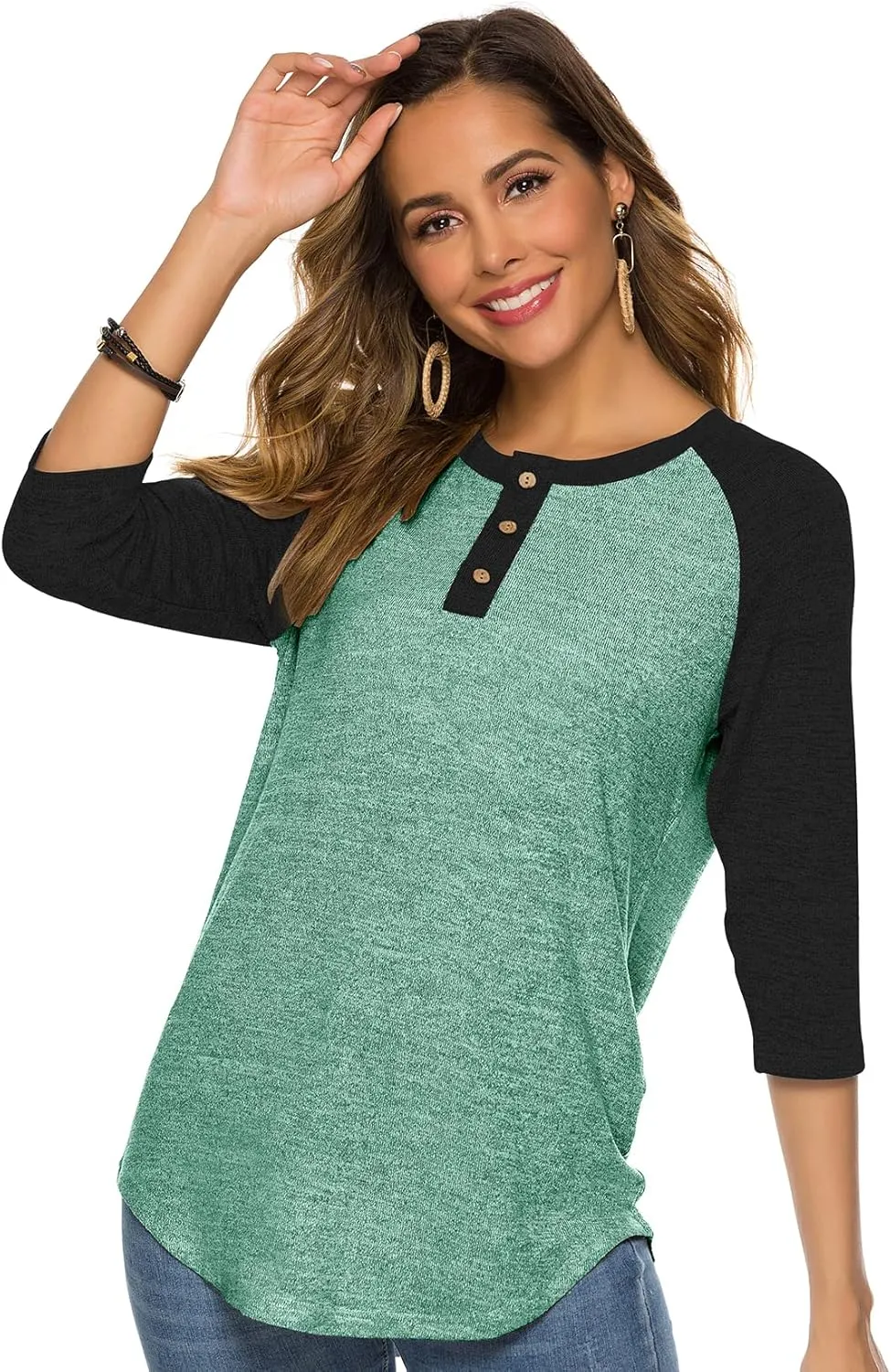 HOCOSIT Women's Raglan V Neck Summer Tops 3/4 Sleeve Ladies Button Henley Shirt Boyfriend Style Blouse