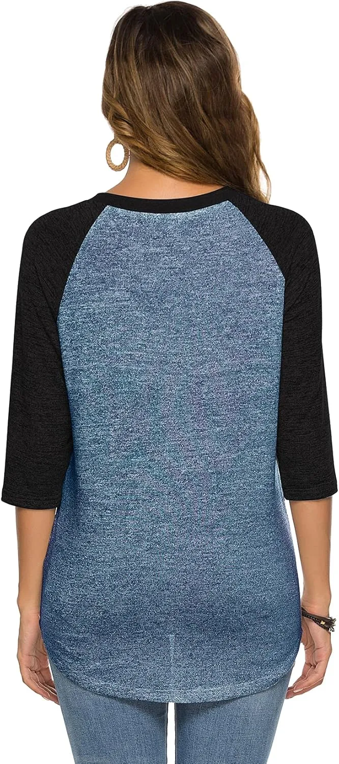 HOCOSIT Women's Raglan V Neck Summer Tops 3/4 Sleeve Ladies Button Henley Shirt Boyfriend Style Blouse