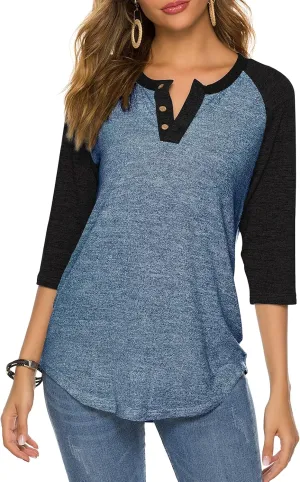 HOCOSIT Women's Raglan V Neck Summer Tops 3/4 Sleeve Ladies Button Henley Shirt Boyfriend Style Blouse