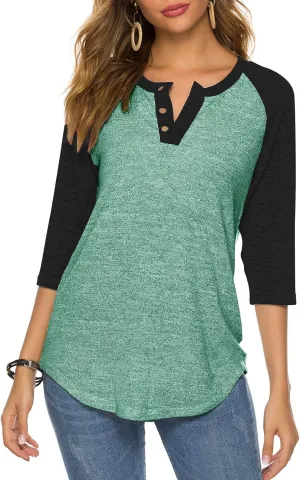 HOCOSIT Women's Raglan V Neck Summer Tops 3/4 Sleeve Ladies Button Henley Shirt Boyfriend Style Blouse