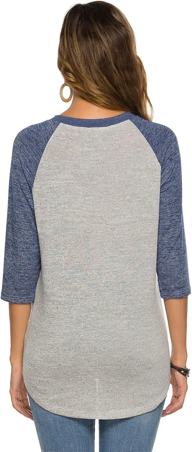 HOCOSIT Women's Raglan V Neck Summer Tops 3/4 Sleeve Ladies Button Henley Shirt Boyfriend Style Blouse