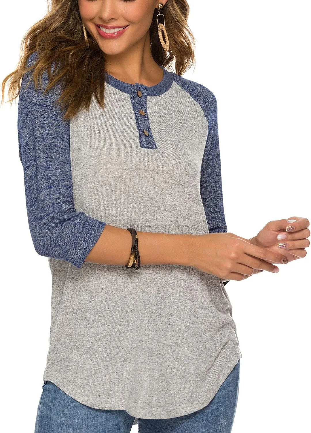 HOCOSIT Women's Raglan V Neck Summer Tops 3/4 Sleeve Ladies Button Henley Shirt Boyfriend Style Blouse