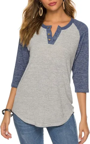 HOCOSIT Women's Raglan V Neck Summer Tops 3/4 Sleeve Ladies Button Henley Shirt Boyfriend Style Blouse