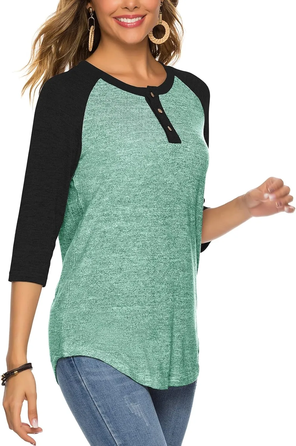 HOCOSIT Women's Raglan V Neck Summer Tops 3/4 Sleeve Ladies Button Henley Shirt Boyfriend Style Blouse