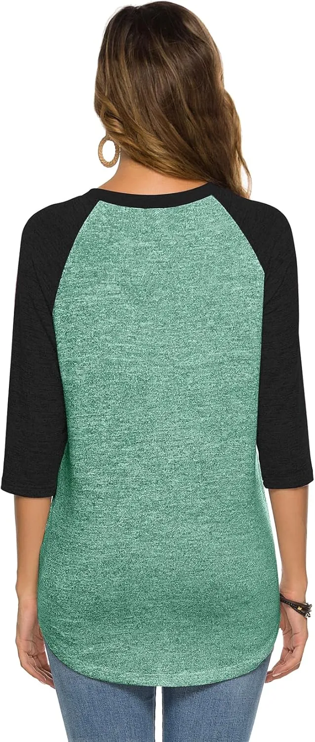 HOCOSIT Women's Raglan V Neck Summer Tops 3/4 Sleeve Ladies Button Henley Shirt Boyfriend Style Blouse