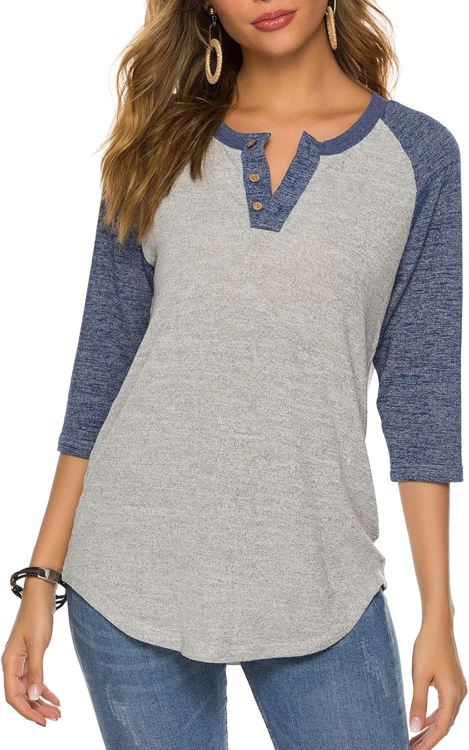HOCOSIT Women's Raglan V Neck Summer Tops 3/4 Sleeve Ladies Button Henley Shirt Boyfriend Style Blouse