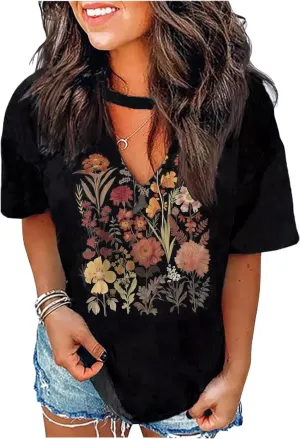 Hollow Out T Shirts for Women Western Graphic Shirts Country Cowgirls Shirts Casual Short Sleeve V Neck Tops