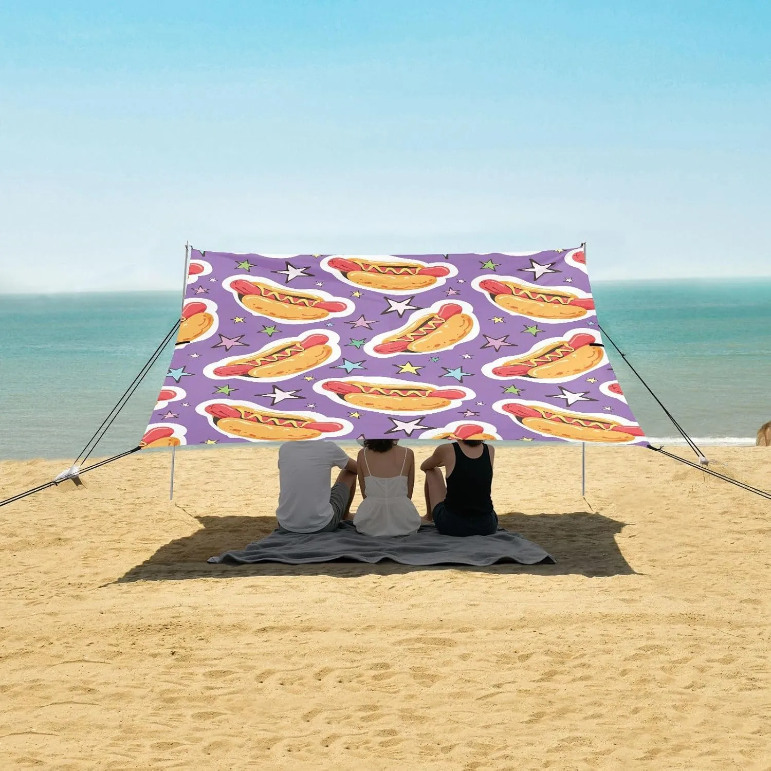 Hotdog Cartoon with Star Beach Camping Tent Sun Shelter for Whole Family, Beach Shade Canopy with UPF50  UV Protection,Easy Set Up and Carry,Outdoor Shade for Trips, Fishing, Backyard Fun Picni