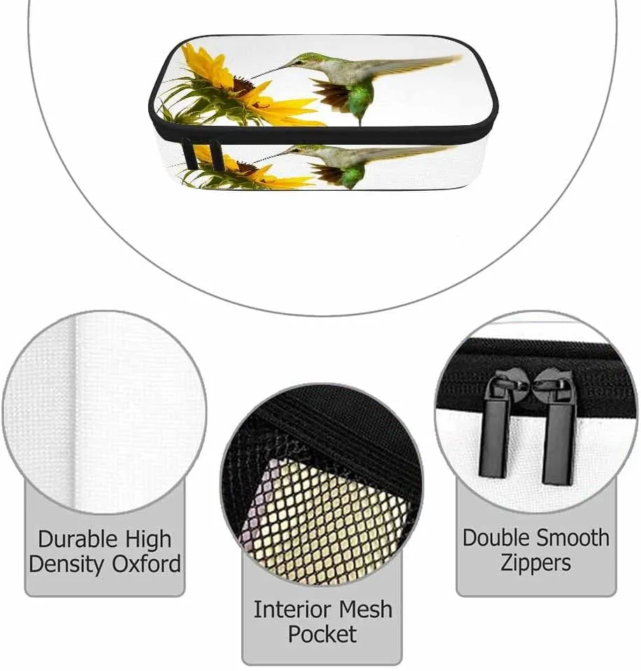 Hummingbird Pencil Case Sunflower Small Bird Yellow Flower Lovely Scene Pencil Bag Pouch Box Organizer for College School Students Boy Girl