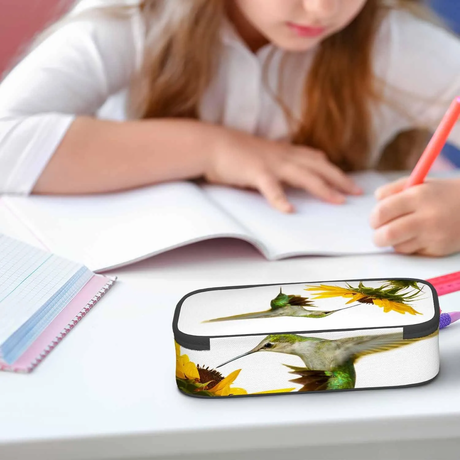 Hummingbird Pencil Case Sunflower Small Bird Yellow Flower Lovely Scene Pencil Bag Pouch Box Organizer for College School Students Boy Girl
