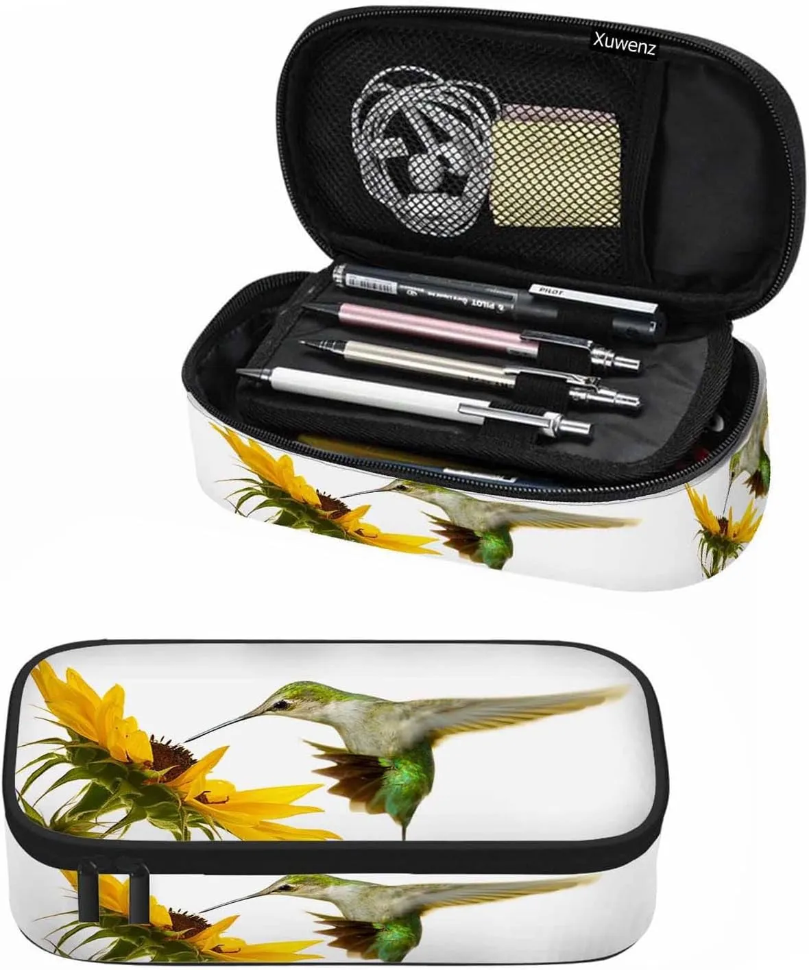 Hummingbird Pencil Case Sunflower Small Bird Yellow Flower Lovely Scene Pencil Bag Pouch Box Organizer for College School Students Boy Girl