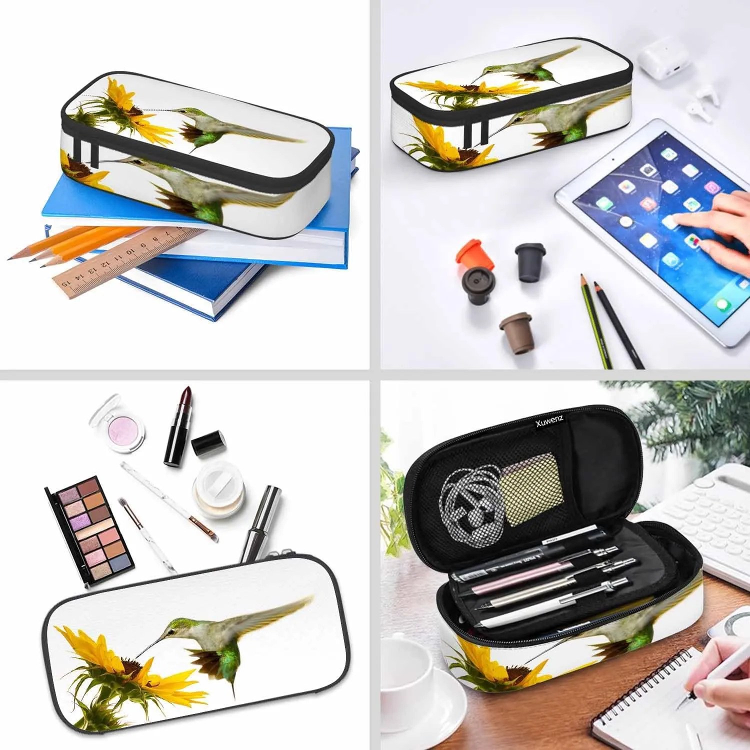 Hummingbird Pencil Case Sunflower Small Bird Yellow Flower Lovely Scene Pencil Bag Pouch Box Organizer for College School Students Boy Girl