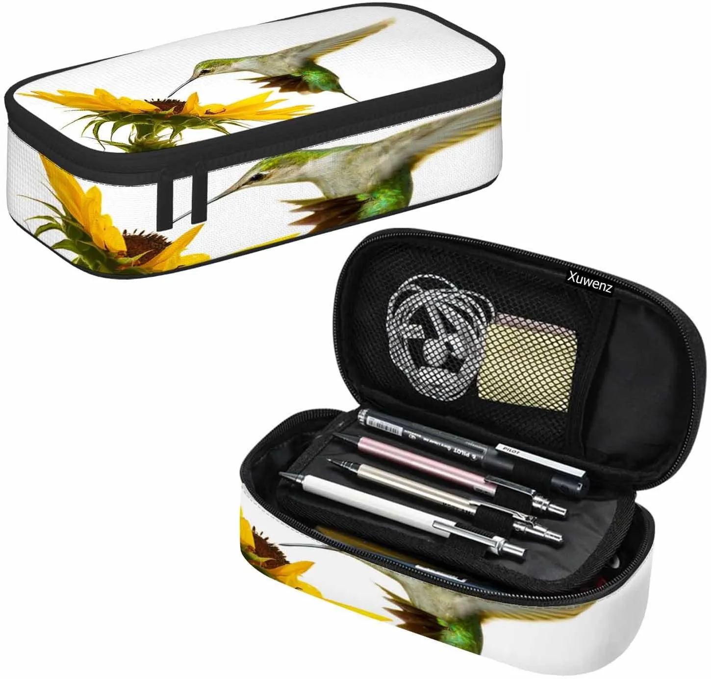Hummingbird Pencil Case Sunflower Small Bird Yellow Flower Lovely Scene Pencil Bag Pouch Box Organizer for College School Students Boy Girl