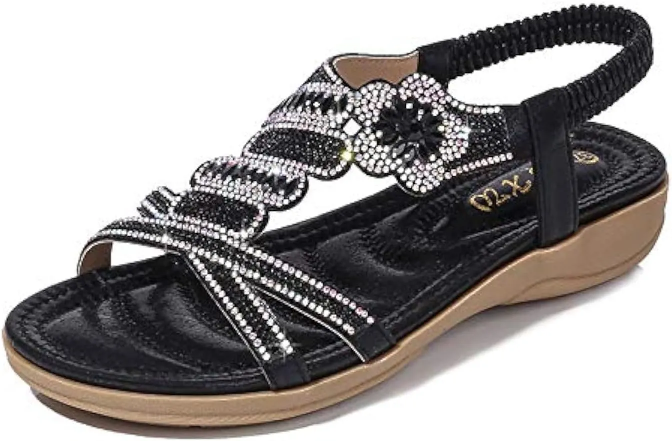 ICEGIA Women's Flat Sandals Summer Beach Sandal T-Strap Rhinestone Beaded Bohemia Shoes