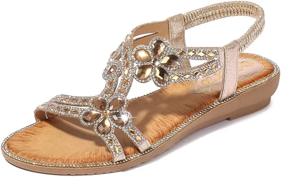ICEGIA Women's Flat Sandals Summer Beach Sandal T-Strap Rhinestone Beaded Bohemia Shoes