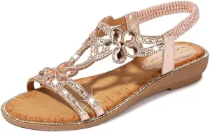 ICEGIA Women's Flat Sandals Summer Beach Sandal T-Strap Rhinestone Beaded Bohemia Shoes
