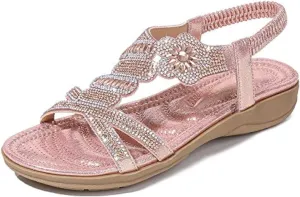 ICEGIA Women's Flat Sandals Summer Beach Sandal T-Strap Rhinestone Beaded Bohemia Shoes