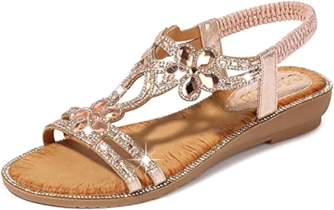 ICEGIA Women's Flat Sandals Summer Beach Sandal T-Strap Rhinestone Beaded Bohemia Shoes