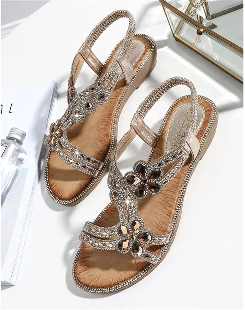 ICEGIA Women's Flat Sandals Summer Beach Sandal T-Strap Rhinestone Beaded Bohemia Shoes