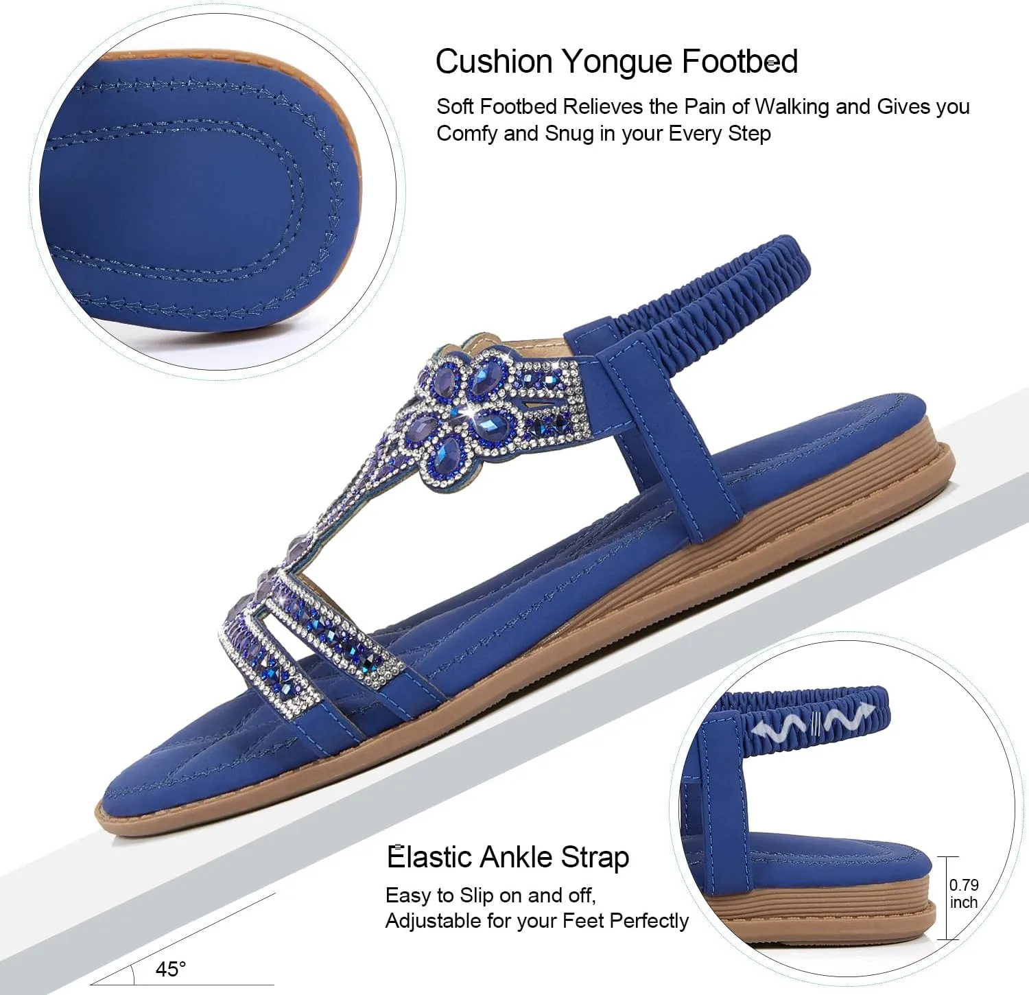 iCKER Women Rhinestone Sandals T-Strap Buckle Bohemian Pearl Crystal Flat Sandals