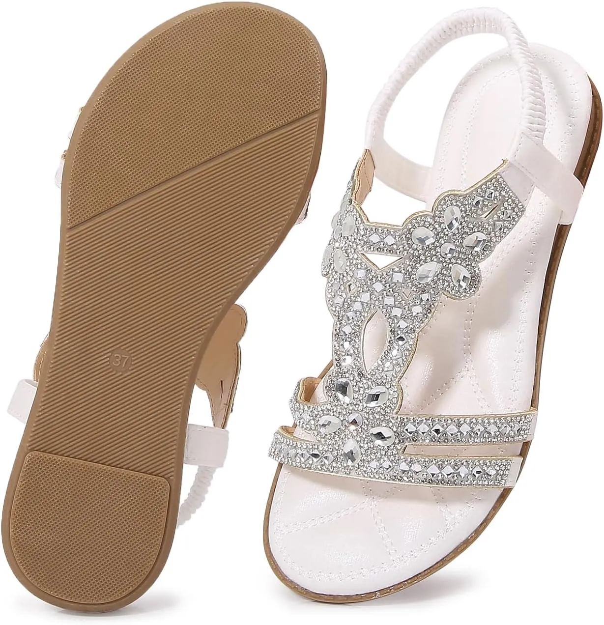 iCKER Women Rhinestone Sandals T-Strap Buckle Bohemian Pearl Crystal Flat Sandals