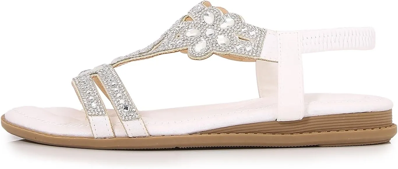 iCKER Women Rhinestone Sandals T-Strap Buckle Bohemian Pearl Crystal Flat Sandals
