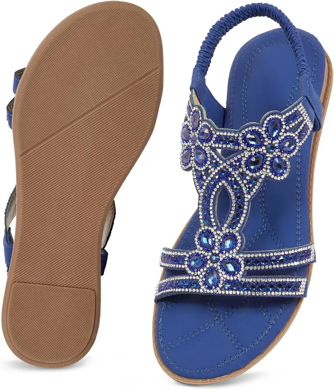 iCKER Women Rhinestone Sandals T-Strap Buckle Bohemian Pearl Crystal Flat Sandals