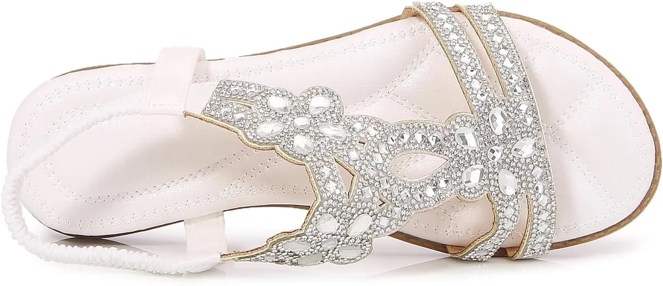 iCKER Women Rhinestone Sandals T-Strap Buckle Bohemian Pearl Crystal Flat Sandals