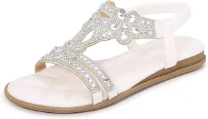 iCKER Women Rhinestone Sandals T-Strap Buckle Bohemian Pearl Crystal Flat Sandals