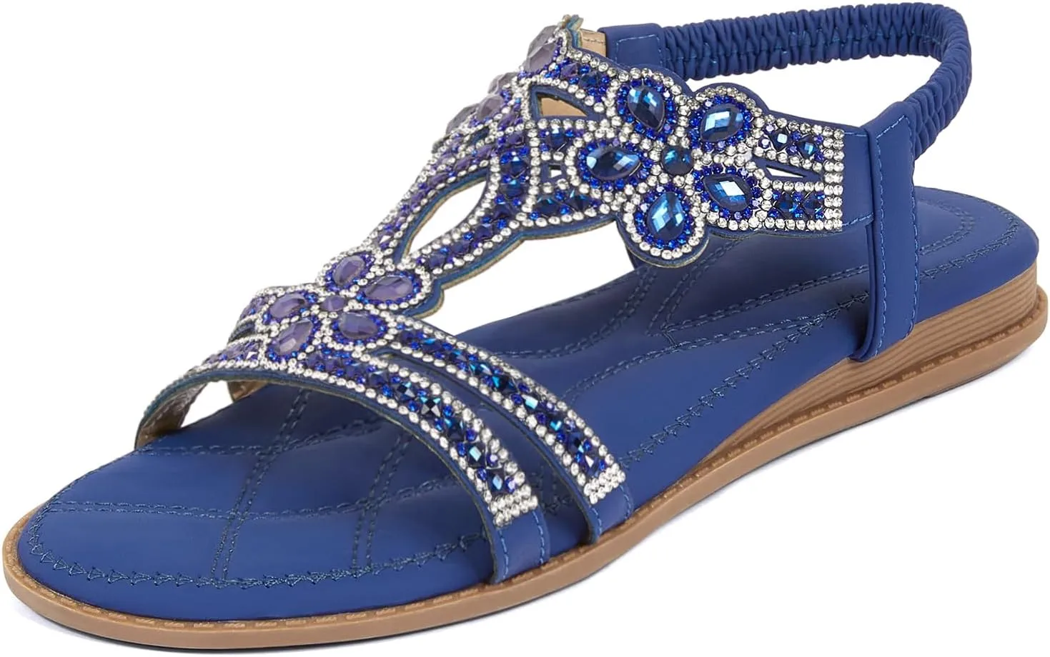 iCKER Women Rhinestone Sandals T-Strap Buckle Bohemian Pearl Crystal Flat Sandals
