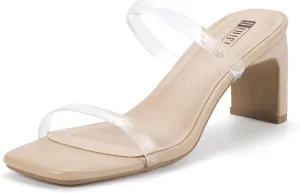 IDIFU IN3 Chunky Heels For Women Low Block Square Open Toe Heels Two Strap Slip On Comfortable Slides Heeled Sandals Sexy Wedding Prom Party Dress Shoes Cute Mule Short Heels