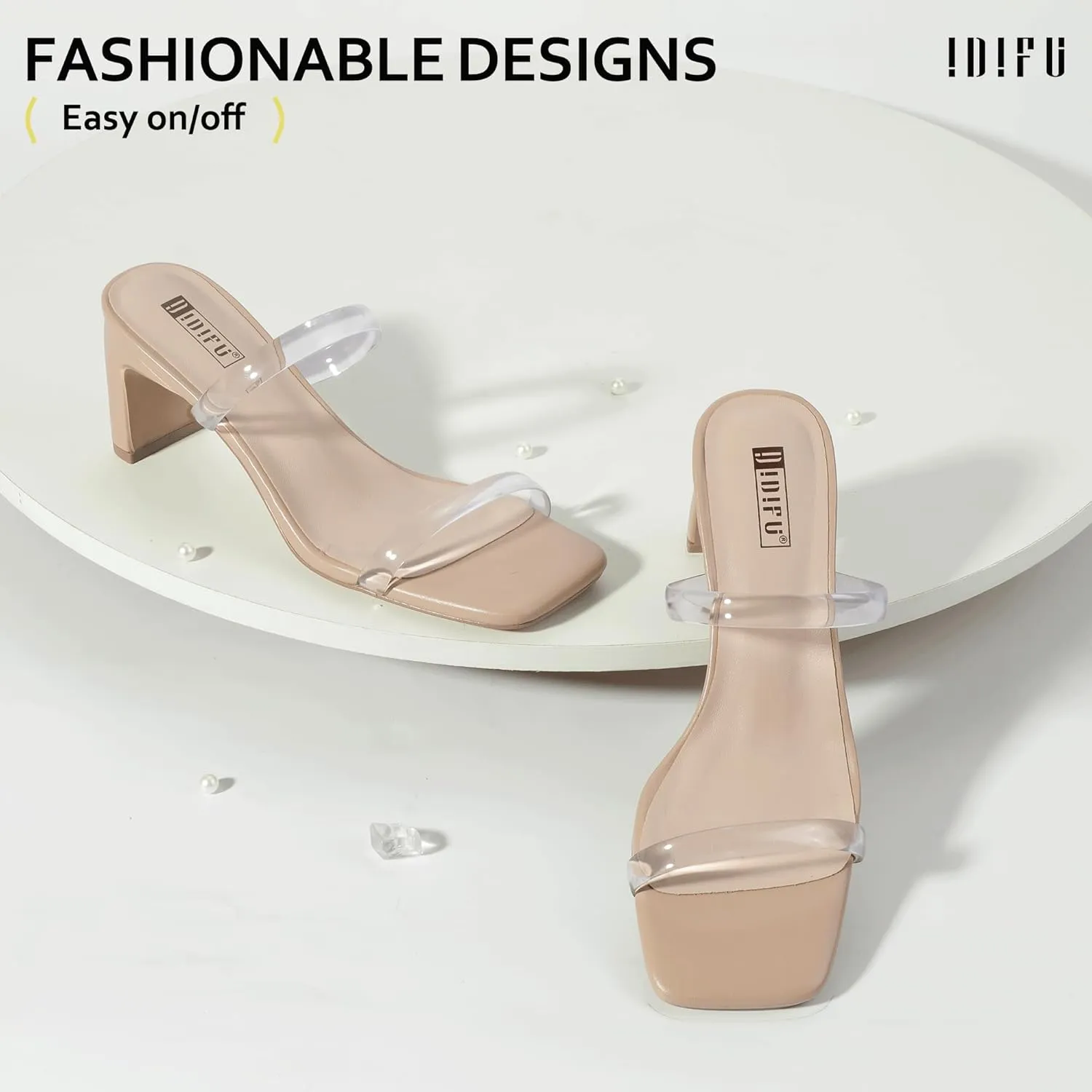 IDIFU IN3 Chunky Heels For Women Low Block Square Open Toe Heels Two Strap Slip On Comfortable Slides Heeled Sandals Sexy Wedding Prom Party Dress Shoes Cute Mule Short Heels