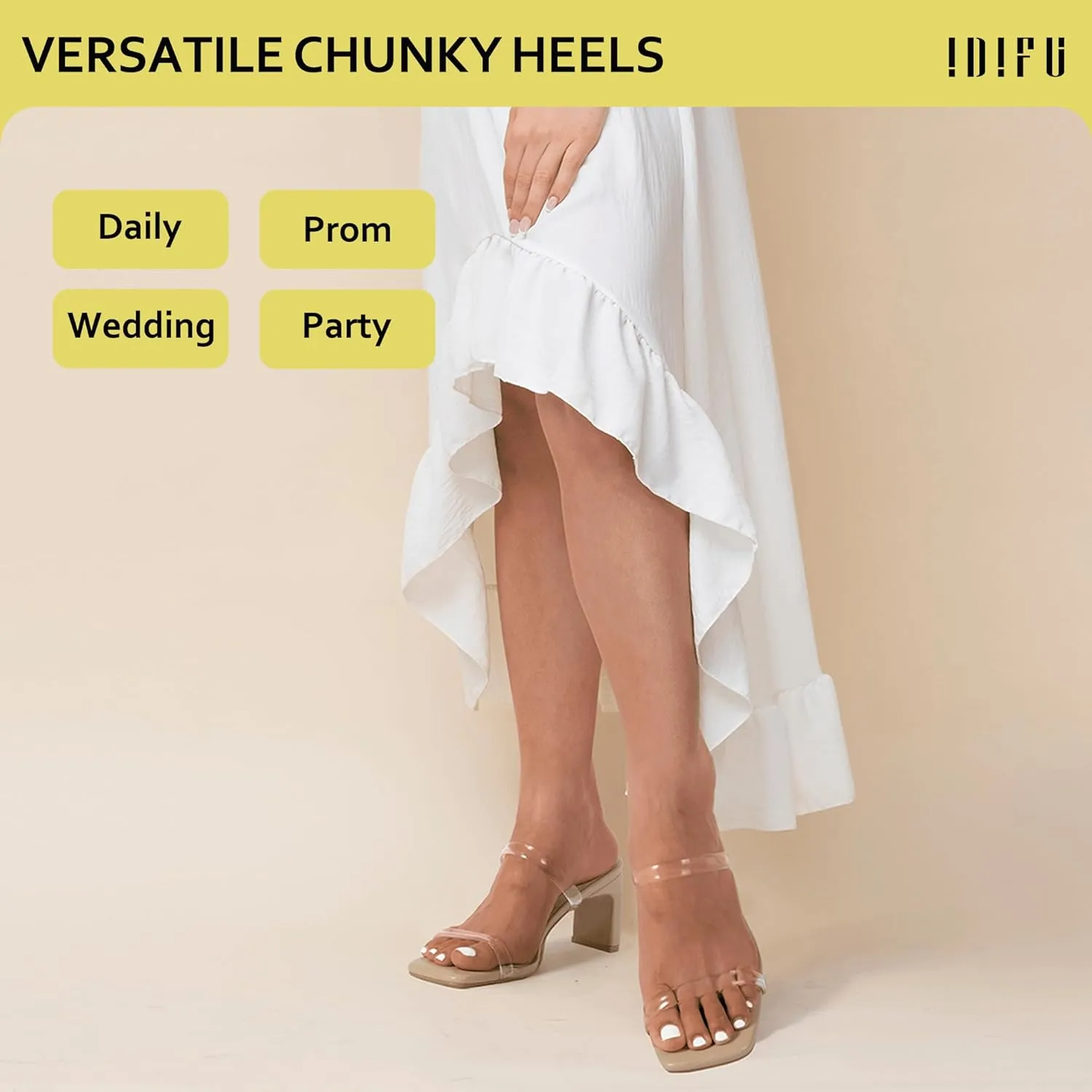 IDIFU IN3 Chunky Heels For Women Low Block Square Open Toe Heels Two Strap Slip On Comfortable Slides Heeled Sandals Sexy Wedding Prom Party Dress Shoes Cute Mule Short Heels