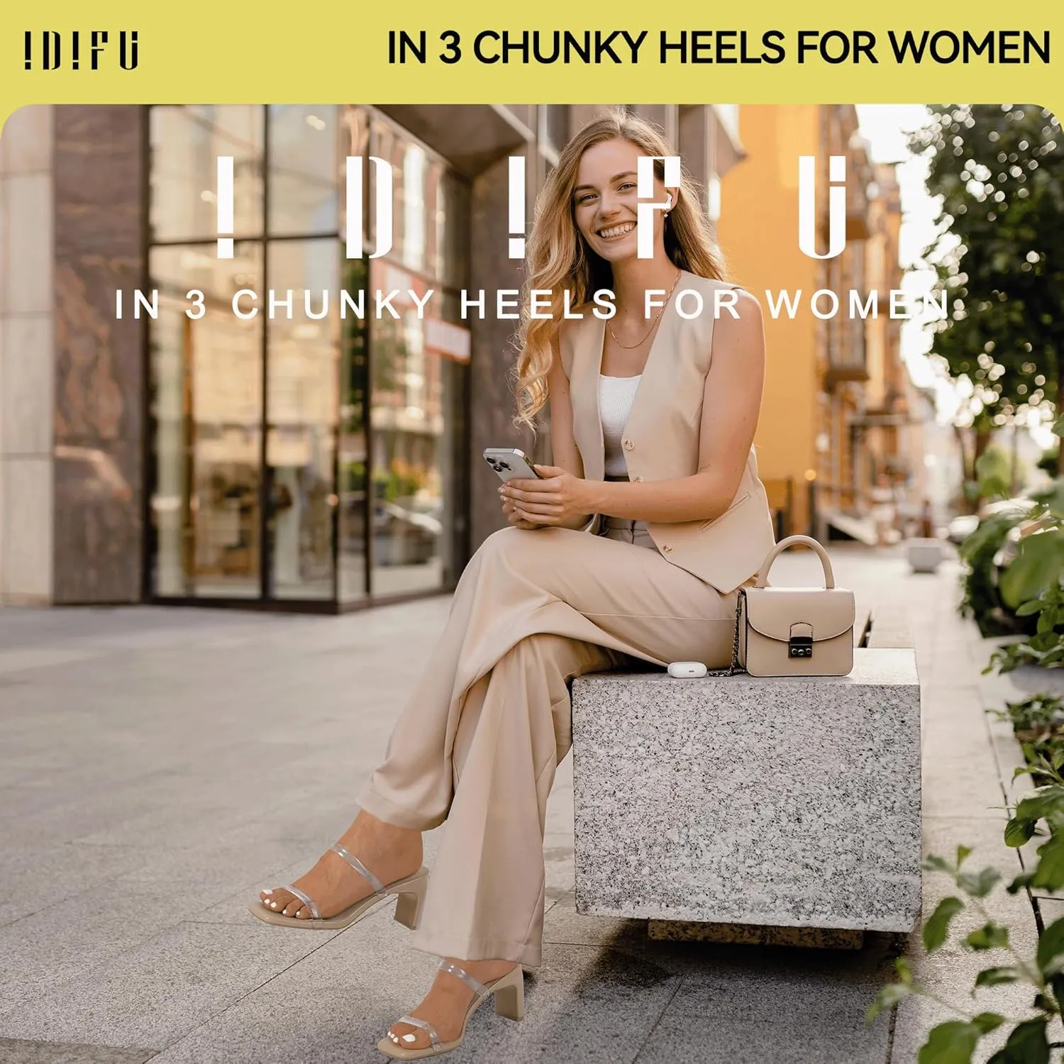 IDIFU IN3 Chunky Heels For Women Low Block Square Open Toe Heels Two Strap Slip On Comfortable Slides Heeled Sandals Sexy Wedding Prom Party Dress Shoes Cute Mule Short Heels