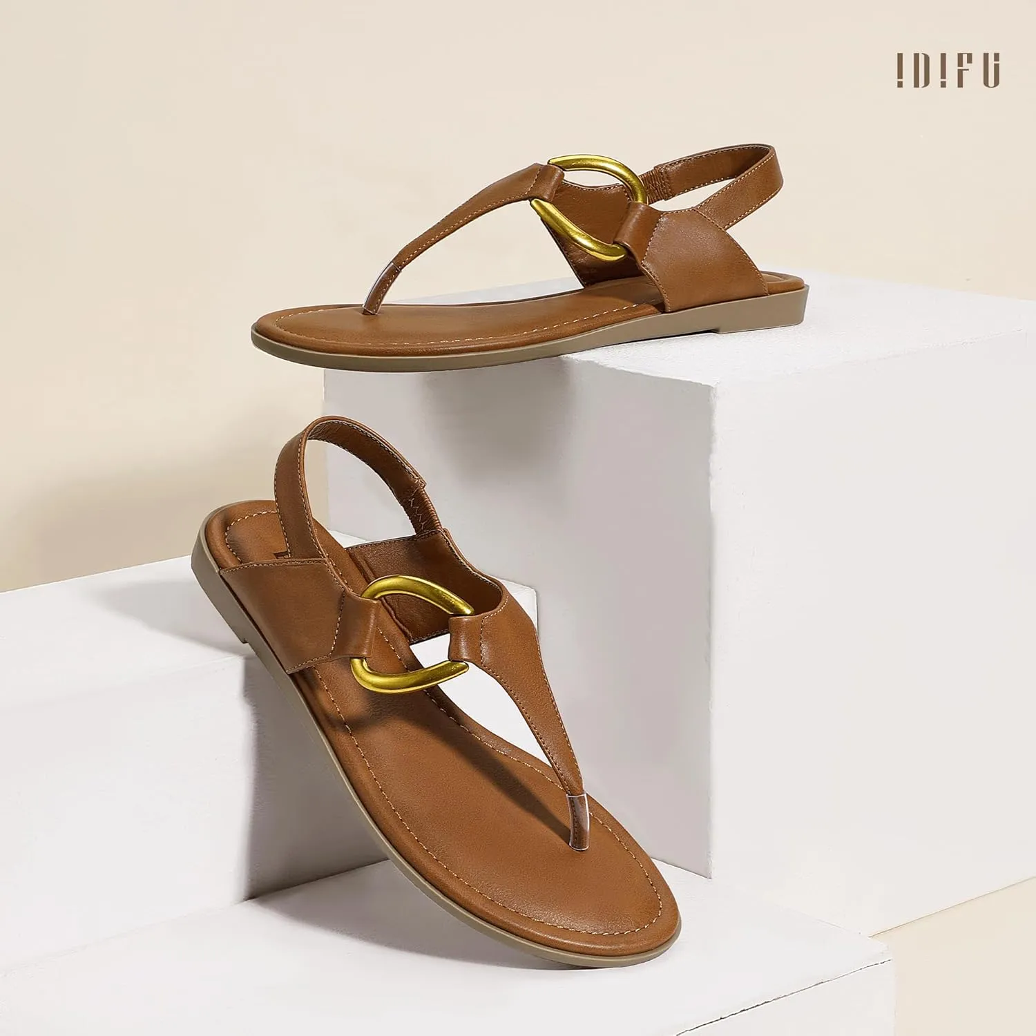 IDIFU Women's Dressy Flat Sandals Dress Thong Sandals T Strap Strappy Buckle Comfortable Sandals Summer Beach Wedding Bridal Cute Ladies Casual Fashion Trendy Flip Flops with Back Strap Flat Sandals