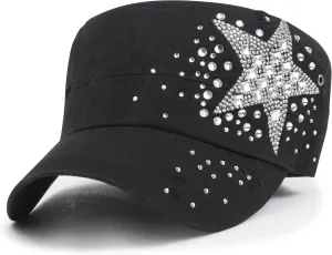 ililily Rhinestone Cotton Cadet Cap Vintage Distressed Cotton Military Army Hat