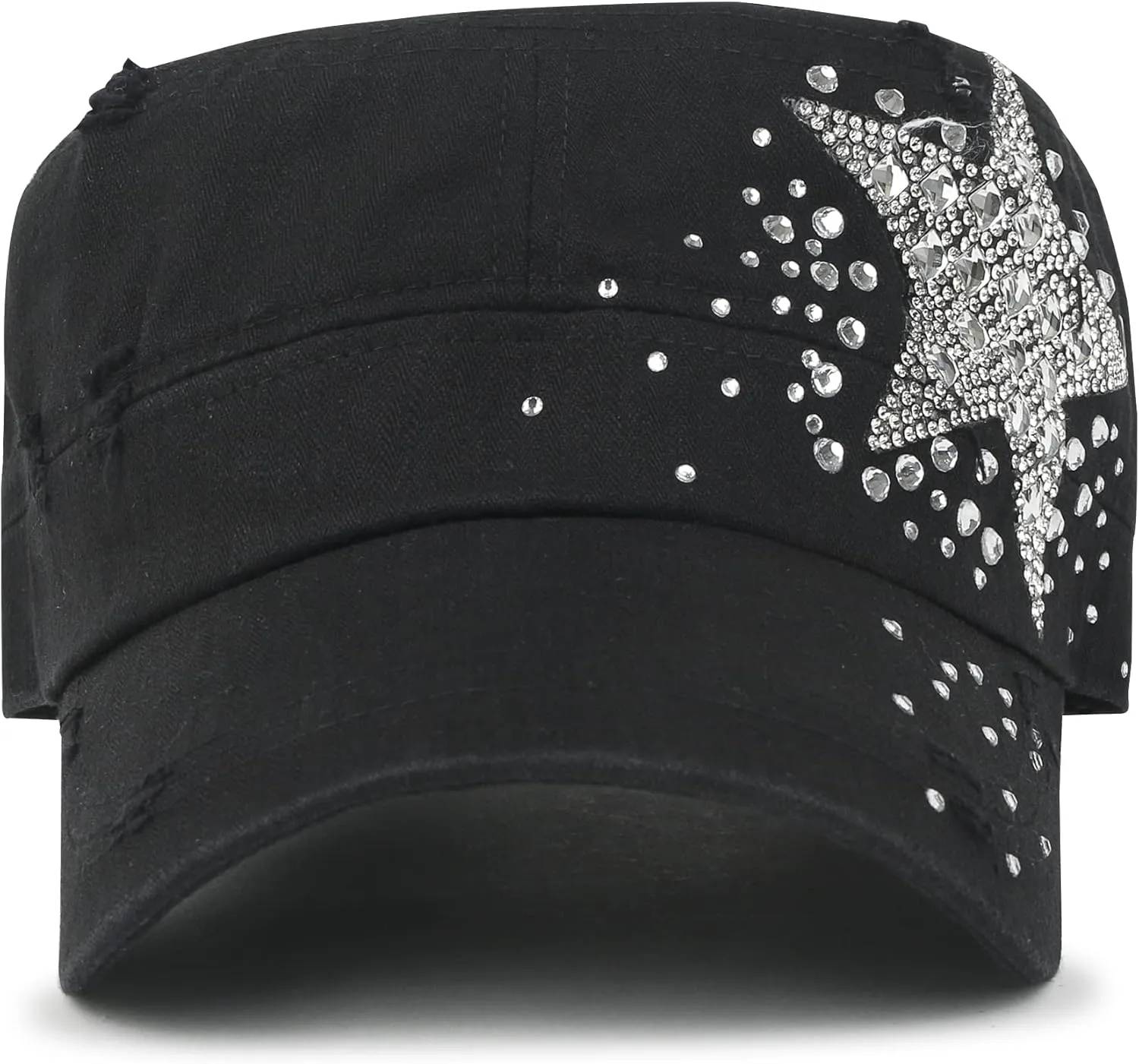 ililily Rhinestone Cotton Cadet Cap Vintage Distressed Cotton Military Army Hat