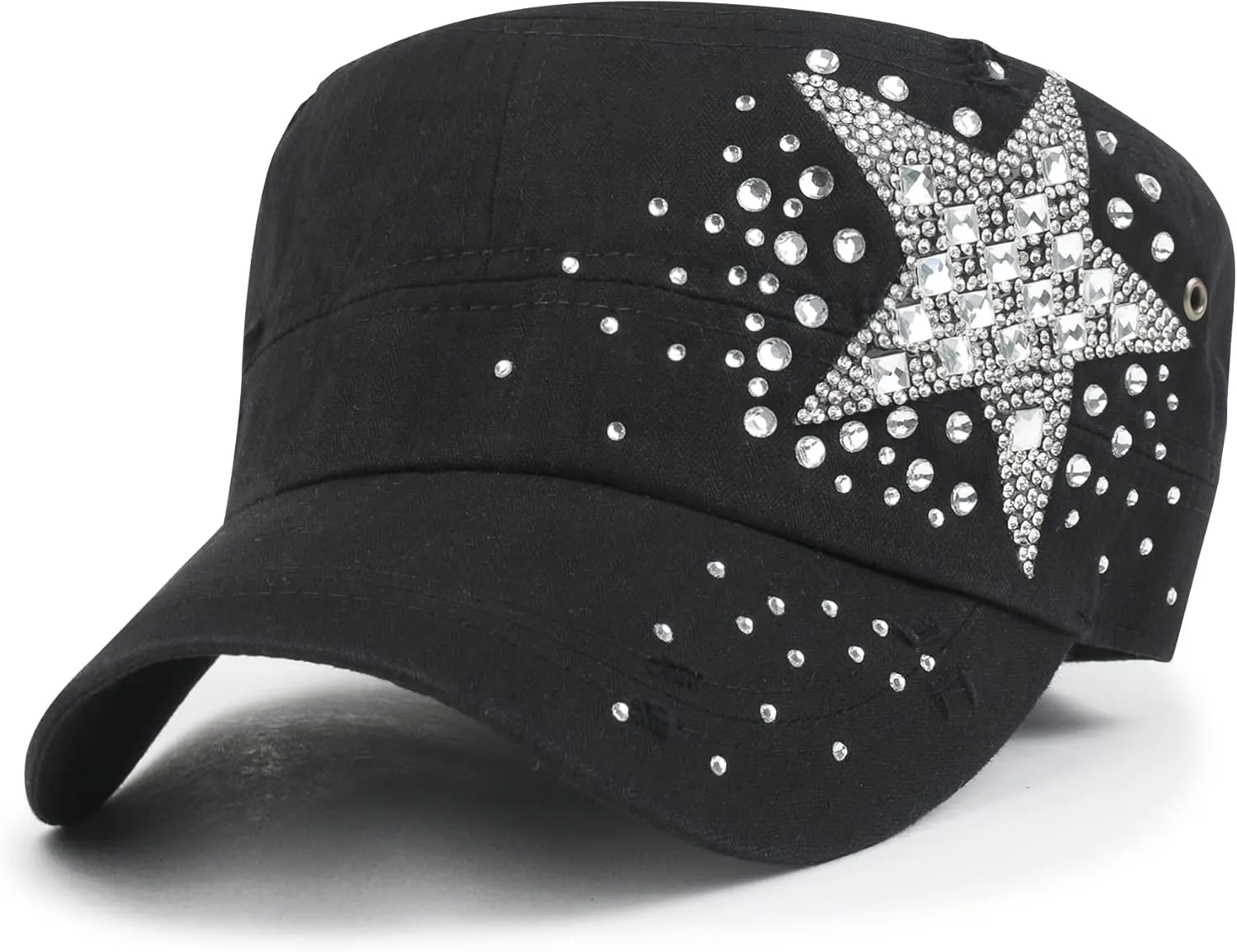 ililily Rhinestone Cotton Cadet Cap Vintage Distressed Cotton Military Army Hat