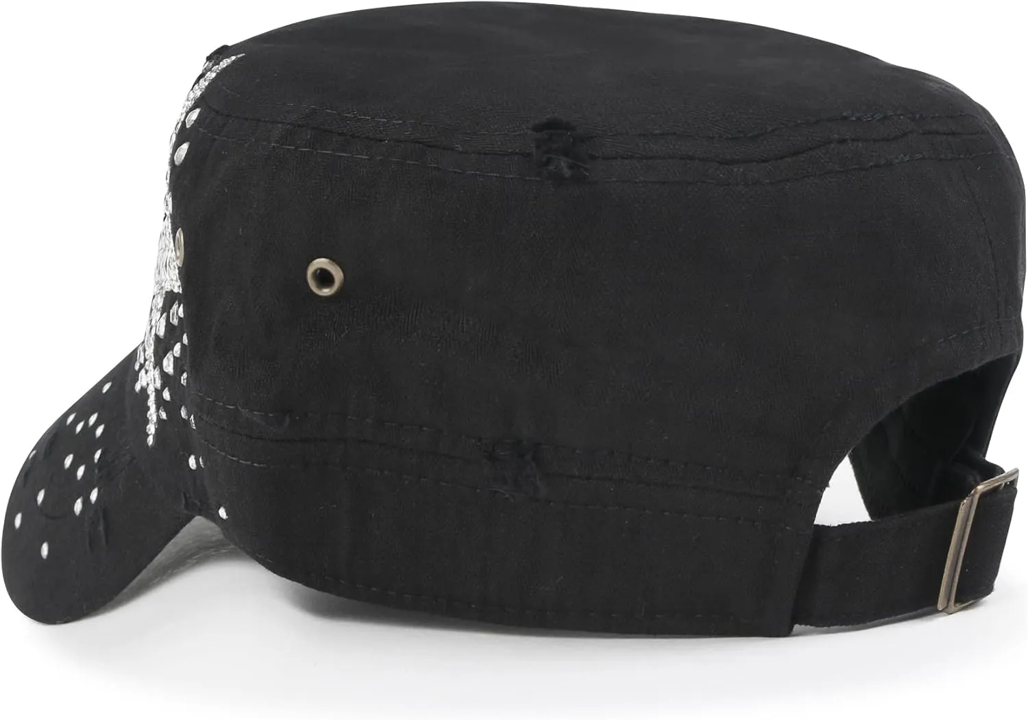 ililily Rhinestone Cotton Cadet Cap Vintage Distressed Cotton Military Army Hat