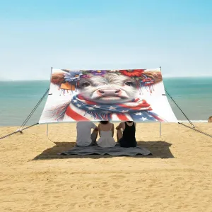Independence Day Highland Cow Beach Camping Tent Sun Shelter for Whole Family, Patriotic Flowers Beach Shade Canopy with UPF50  UV Protection,Easy Set Up and Carry,Outdoor Shade for Trips, Fishi